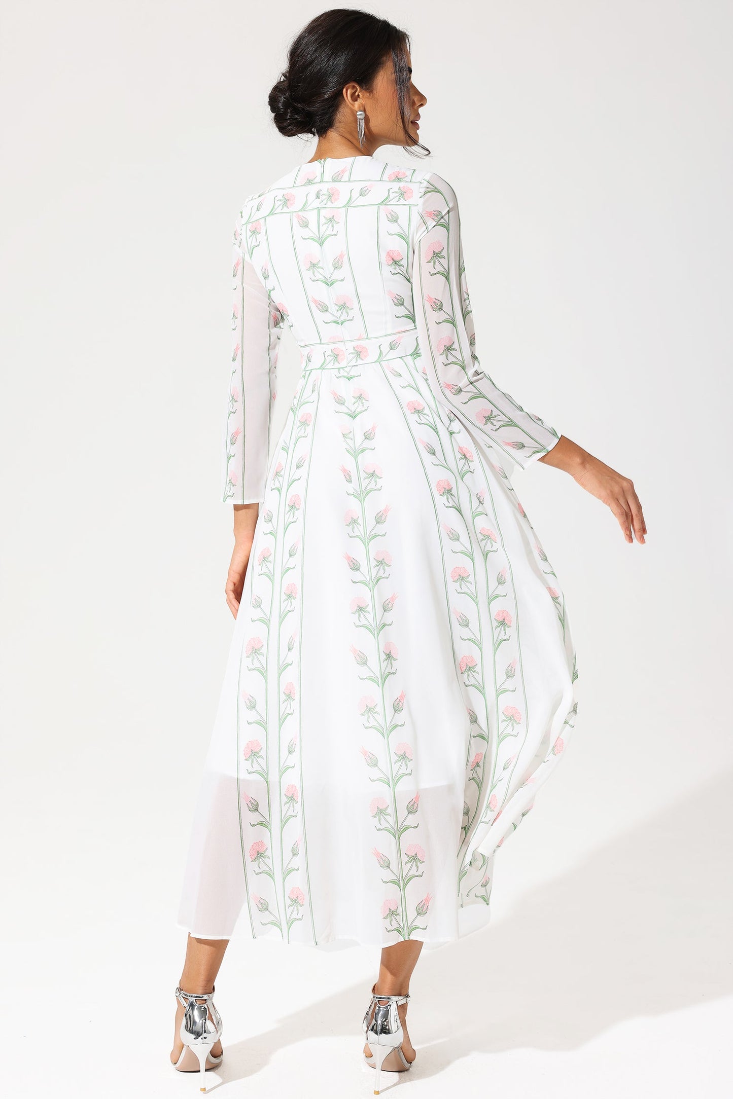Floral Long Sleeve Crew Collar Georgette Midi Dress