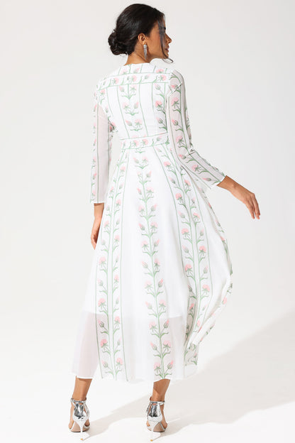Floral Long Sleeve Crew Collar Georgette Midi Dress