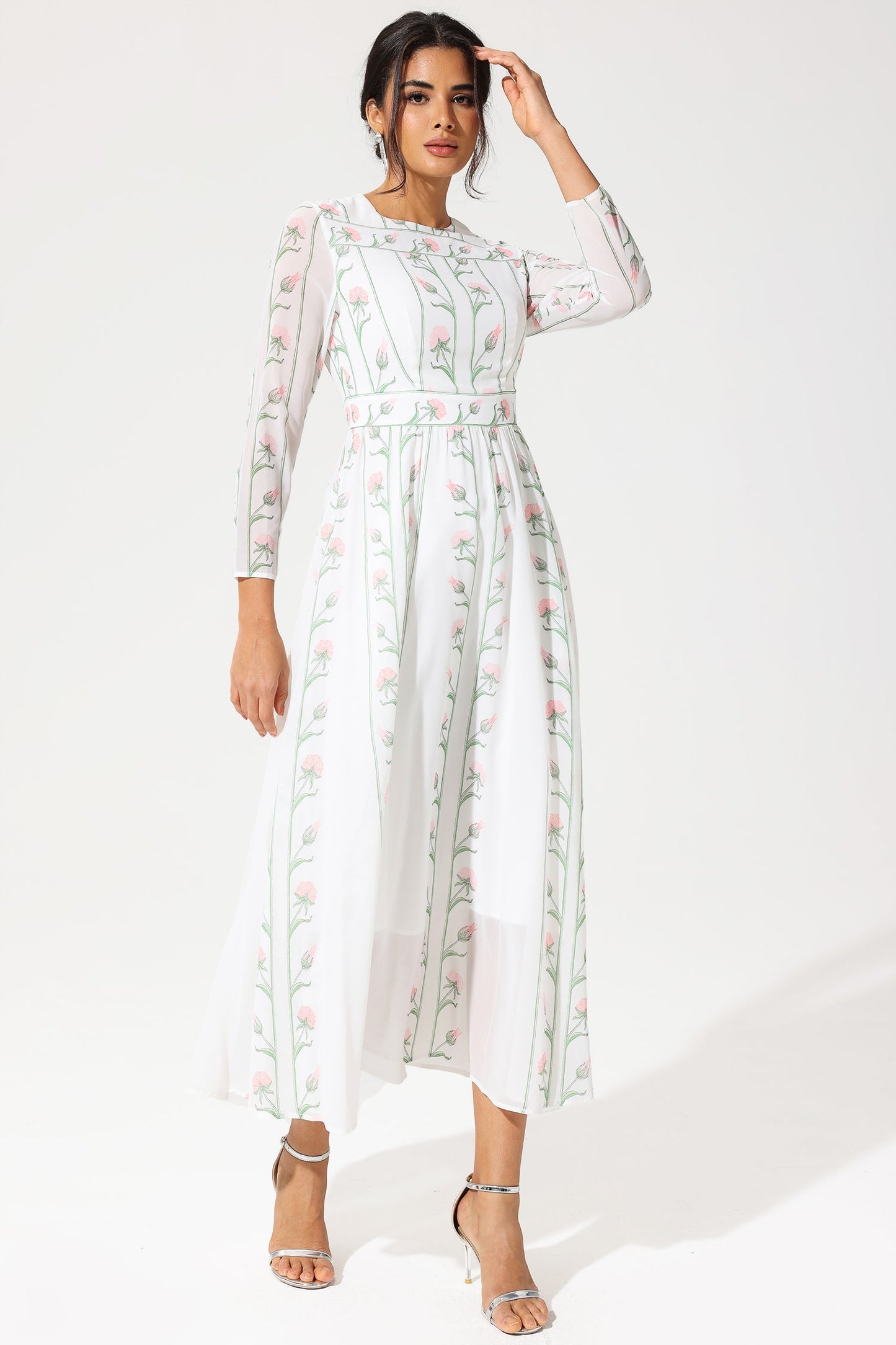 Floral Long Sleeve Crew Collar Georgette Midi Dress
