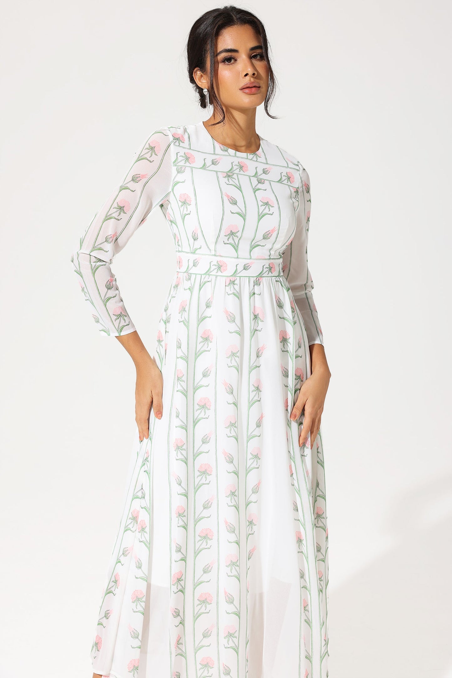 Floral Long Sleeve Crew Collar Georgette Midi Dress