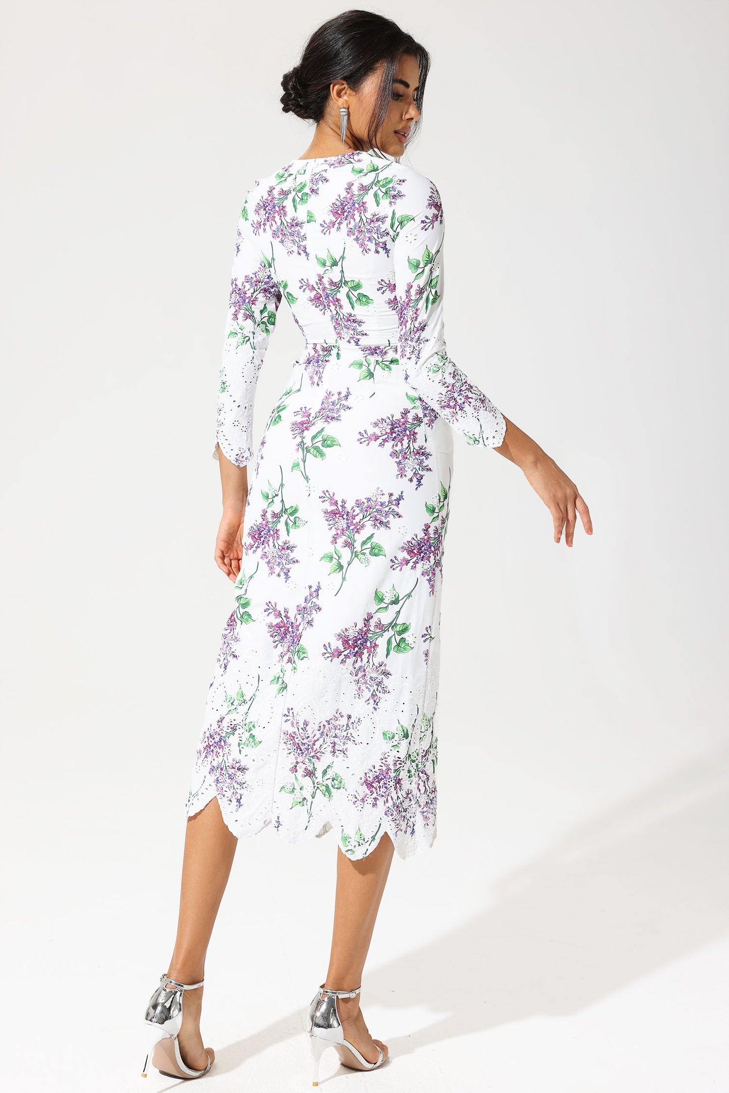Floral Long Sleeve Crew Collar Broderie Anglaise Maxi Dress