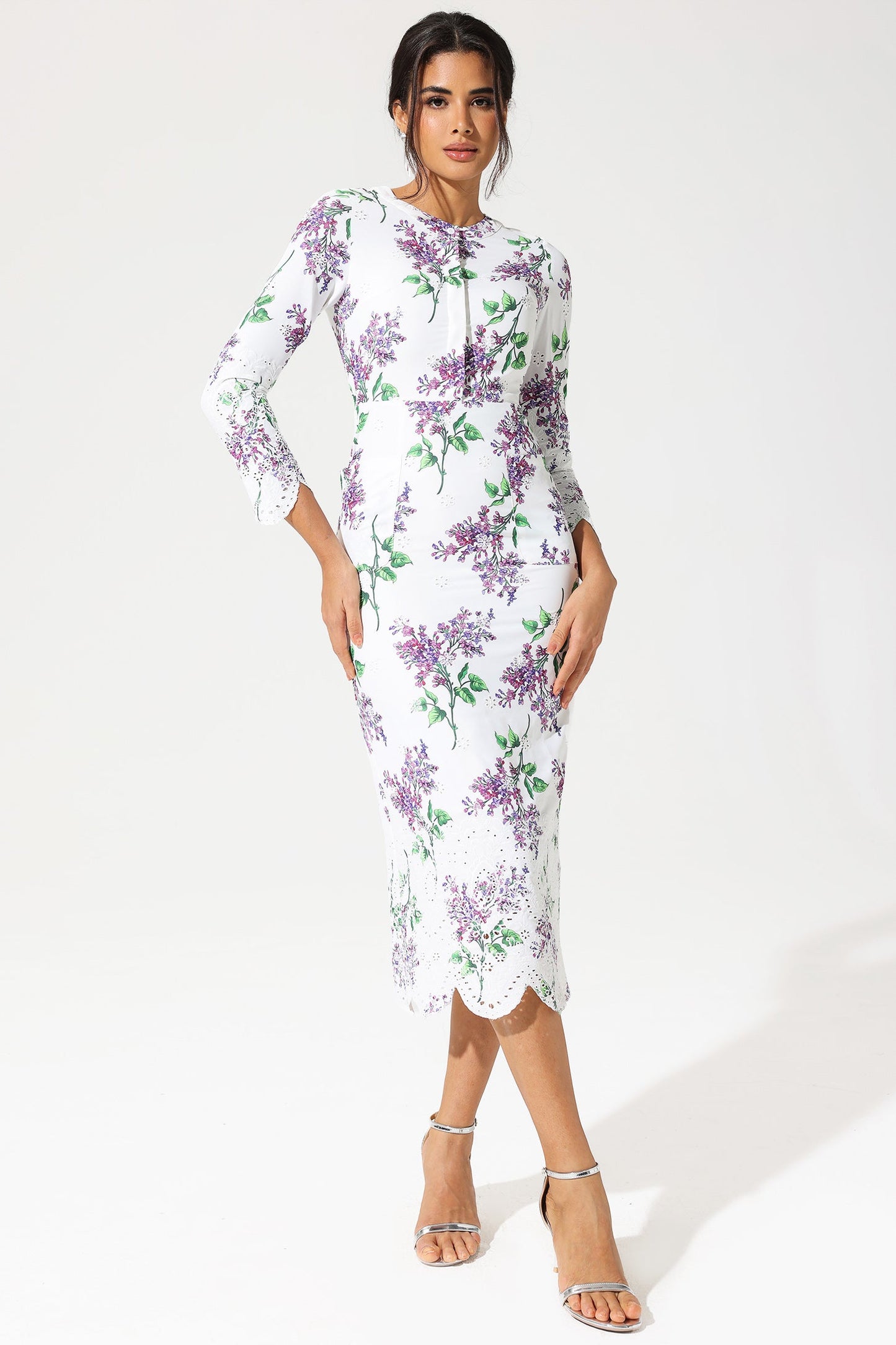 Floral Long Sleeve Crew Collar Broderie Anglaise Maxi Dress