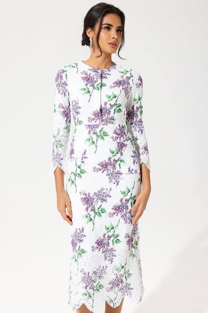 Floral Long Sleeve Crew Collar Broderie Anglaise Maxi Dress