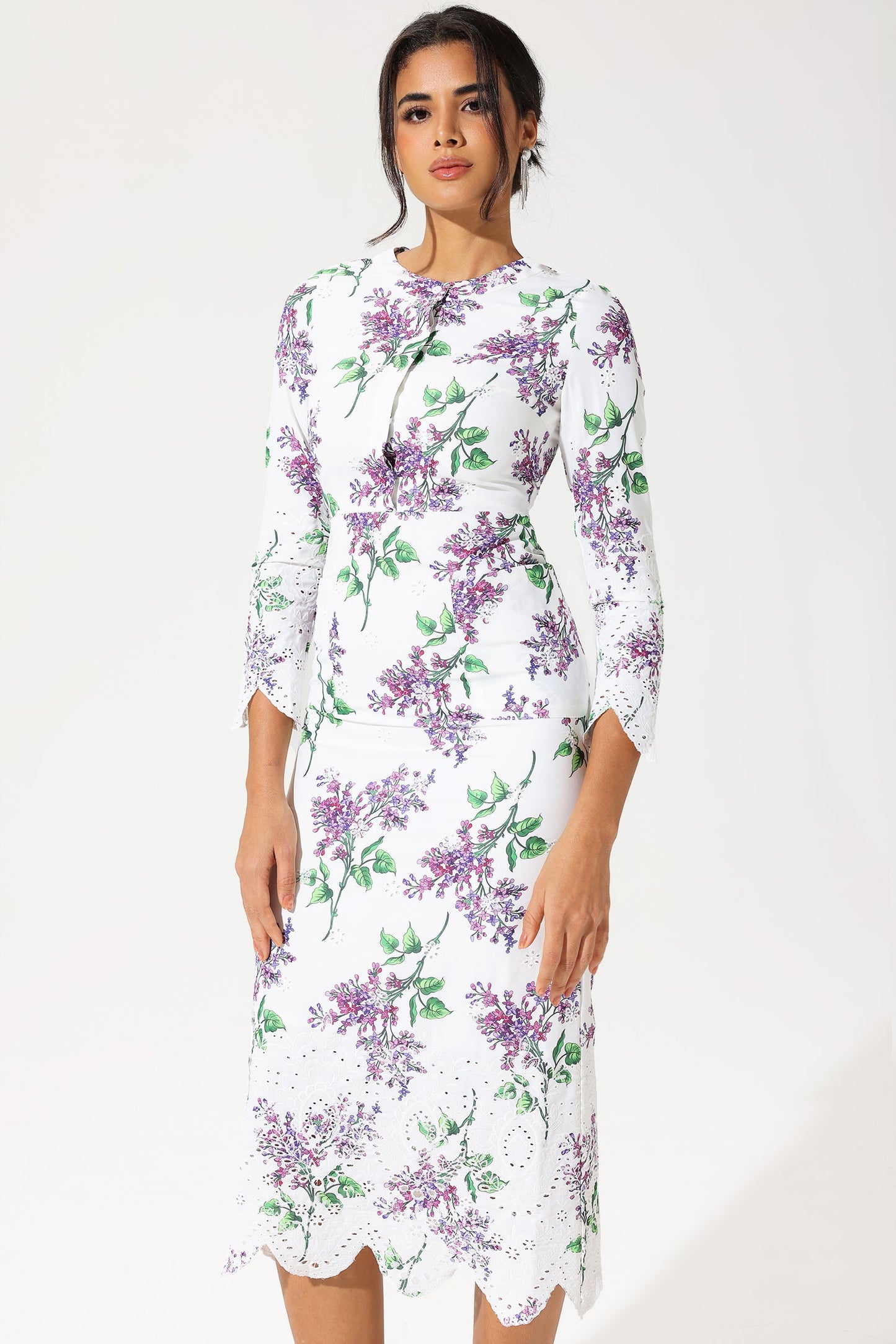 Floral Long Sleeve Crew Collar Broderie Anglaise Maxi Dress