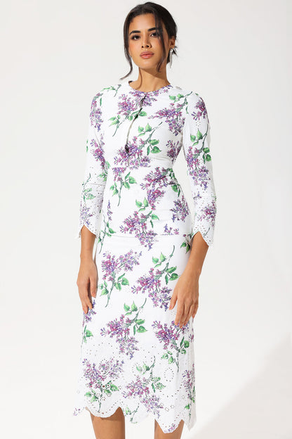 Floral Long Sleeve Crew Collar Broderie Anglaise Maxi Dress