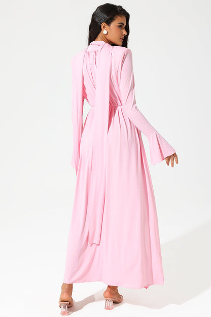 Lantern Sleeve High Collar Flower Slit Midi Dress Pink