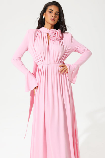 Lantern Sleeve High Collar Flower Slit Midi Dress Pink