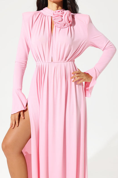 Lantern Sleeve High Collar Flower Slit Midi Dress Pink