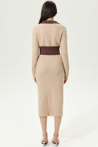 Long Sleeve V-Neck Top & Slit High Waist Dress Set