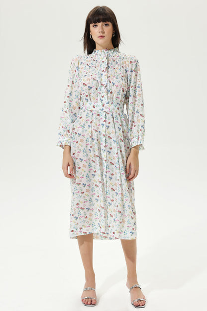 Floral Long Sleeve Lace Up Midi Dress