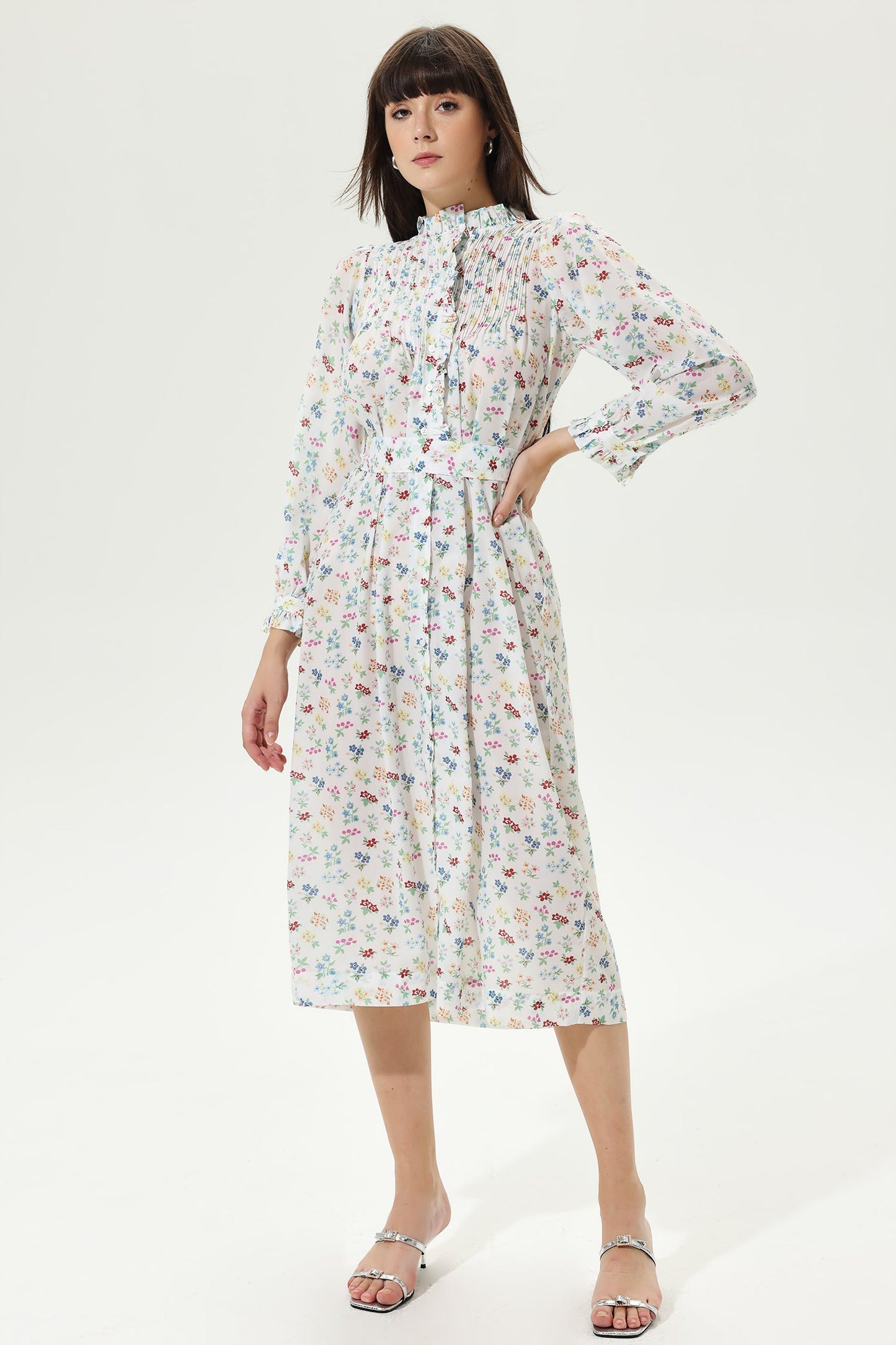 Floral Long Sleeve Lace Up Midi Dress