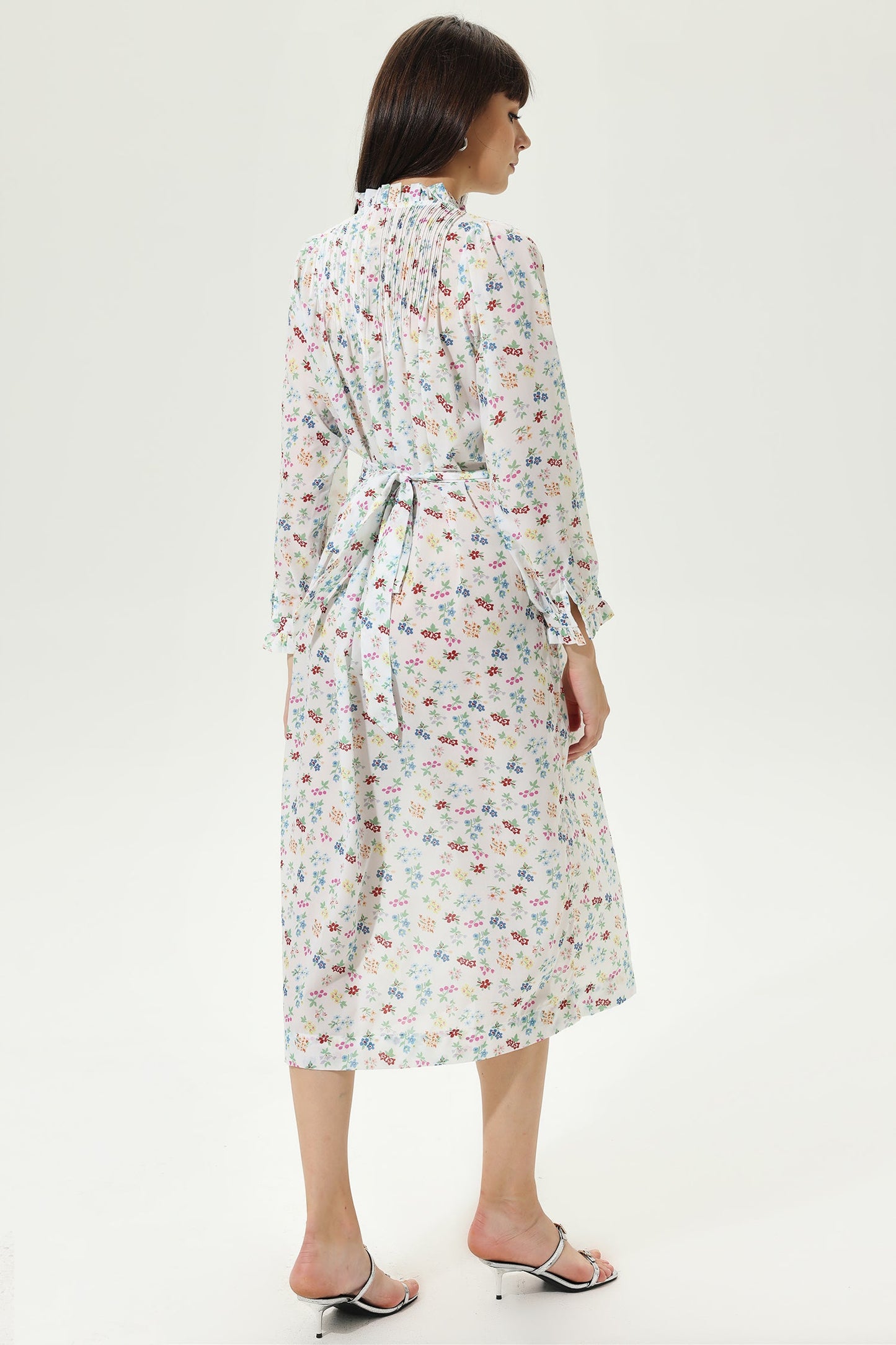 Floral Long Sleeve Lace Up Midi Dress