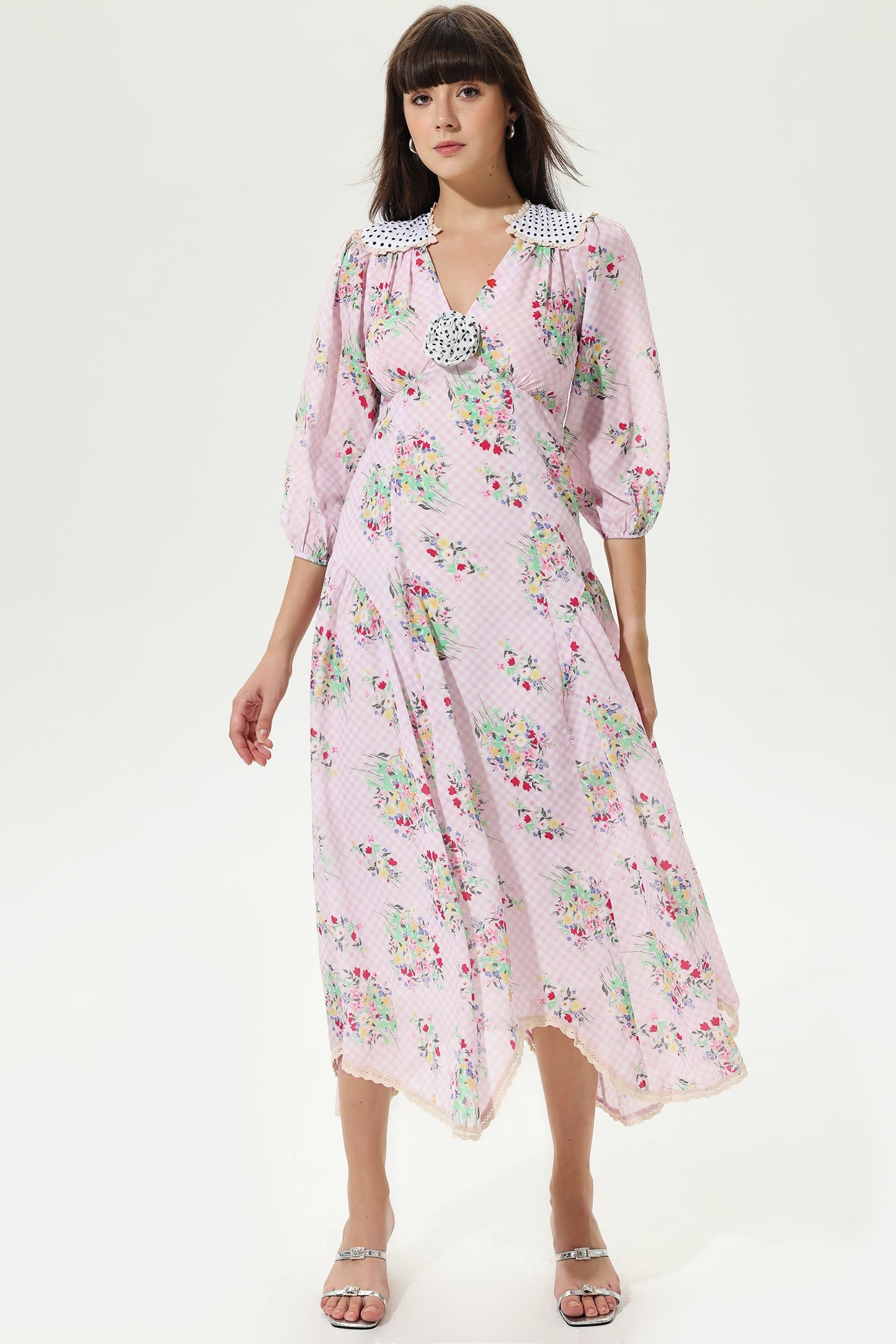 Floral Lantern Sleeve V-Neck Belted LatticeMidi Dress