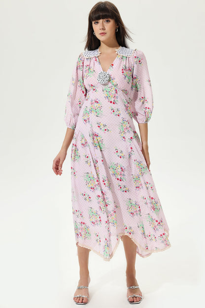 Floral Lantern Sleeve V-Neck Belted LatticeMidi Dress