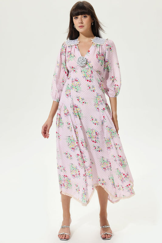 Floral Lantern Sleeve V-Neck Belted LatticeMidi Dress