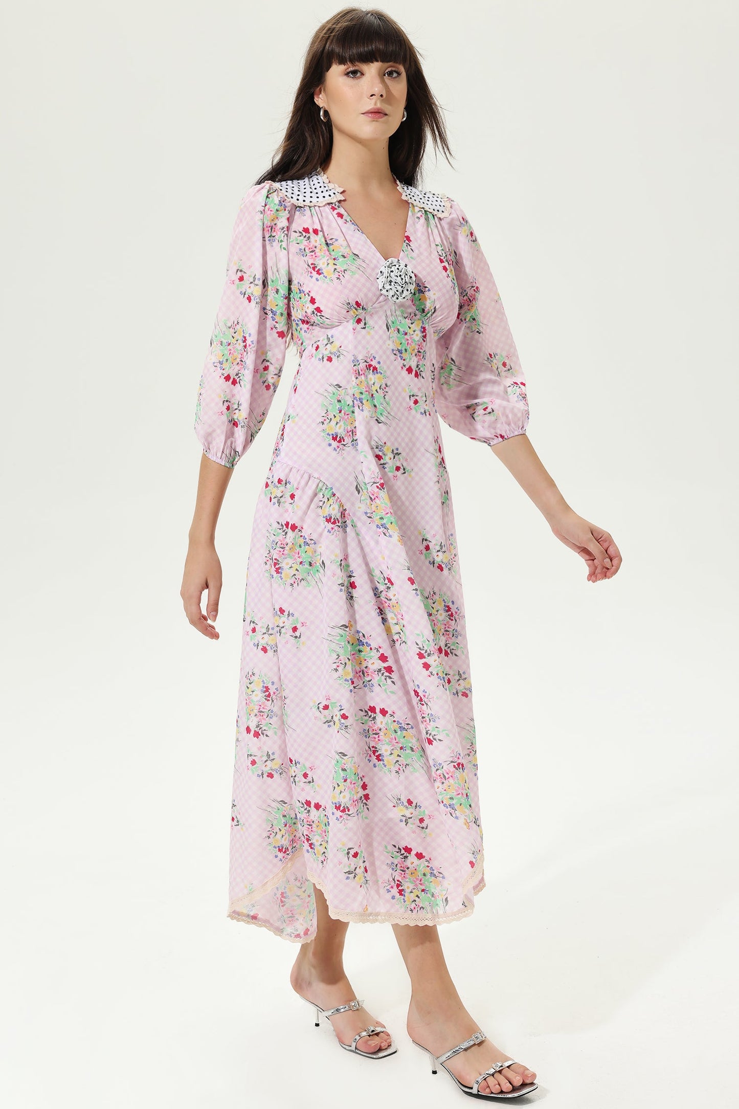 Floral Lantern Sleeve V-Neck Belted LatticeMidi Dress