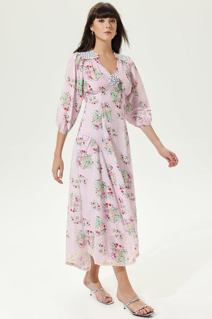 Floral Lantern Sleeve V-Neck Belted LatticeMidi Dress