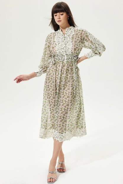 Floral Lantern Sleeve Crew Collar Midi Dress