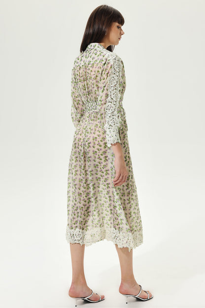 Floral Lantern Sleeve Crew Collar Midi Dress