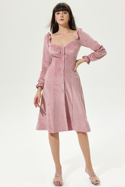 Velvet Sweetheart Neck Buckle Pleated Midi Dress