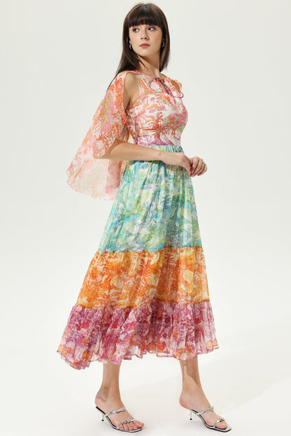 Paisley Asymmetric Sleeve Crew Collar Midi Dress