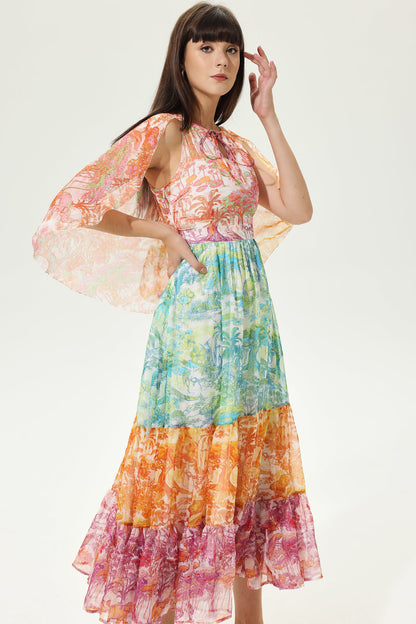 Paisley Asymmetric Sleeve Crew Collar Midi Dress