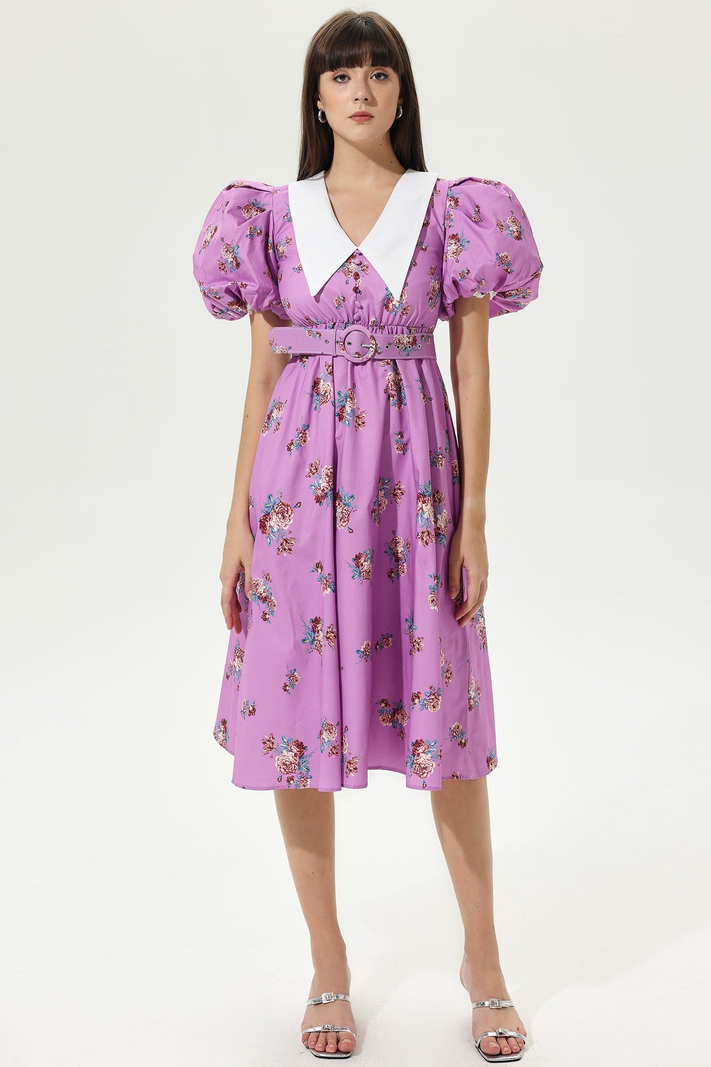 Floral Puff Sleeve Doll Collar Belted Midi Dress