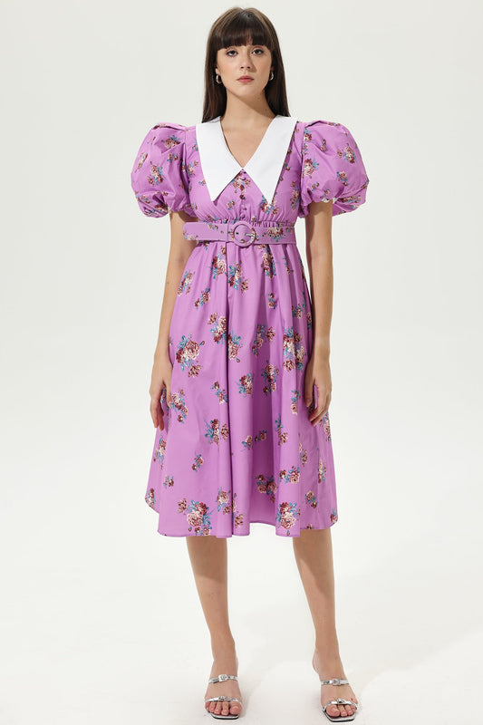 Floral Puff Sleeve Doll Collar Belted Midi Dress