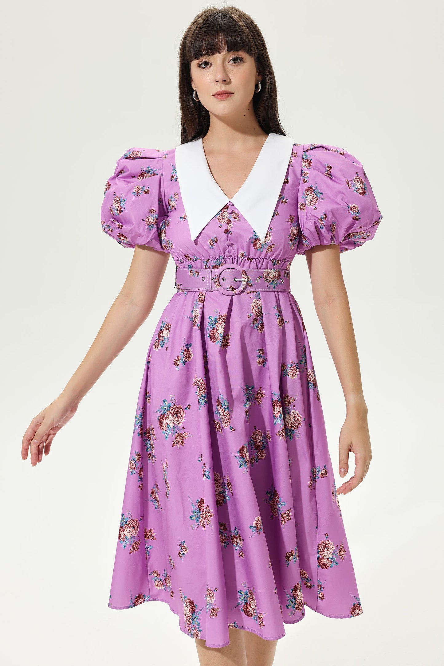 Floral Puff Sleeve Doll Collar Belted Midi Dress
