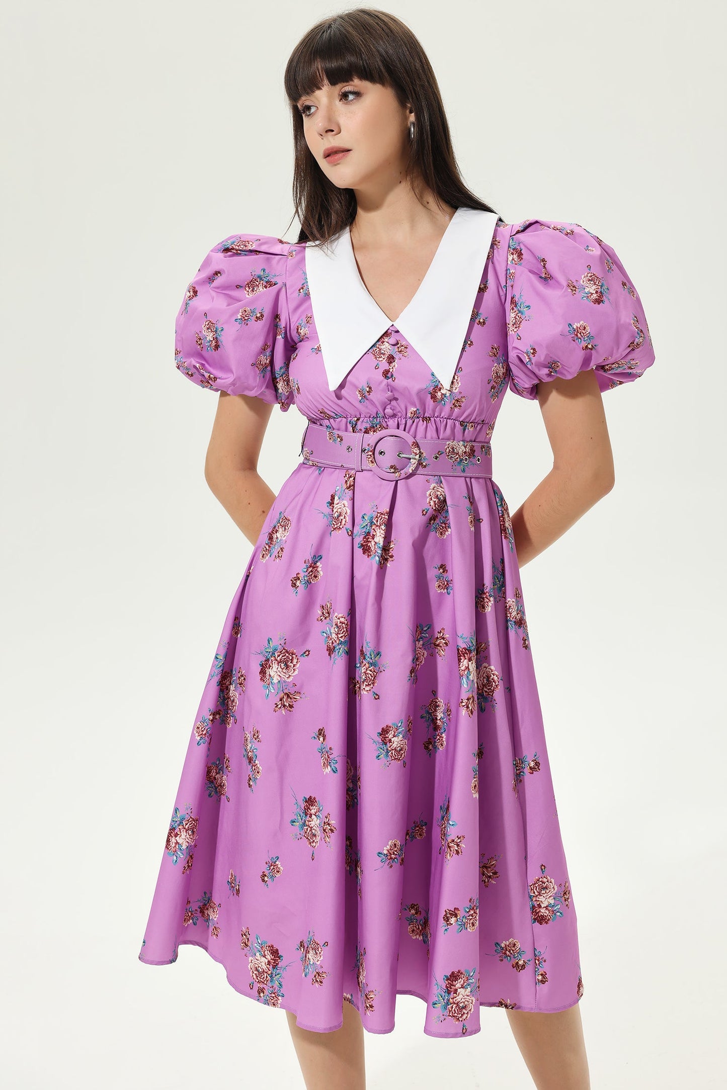 Floral Puff Sleeve Doll Collar Belted Midi Dress