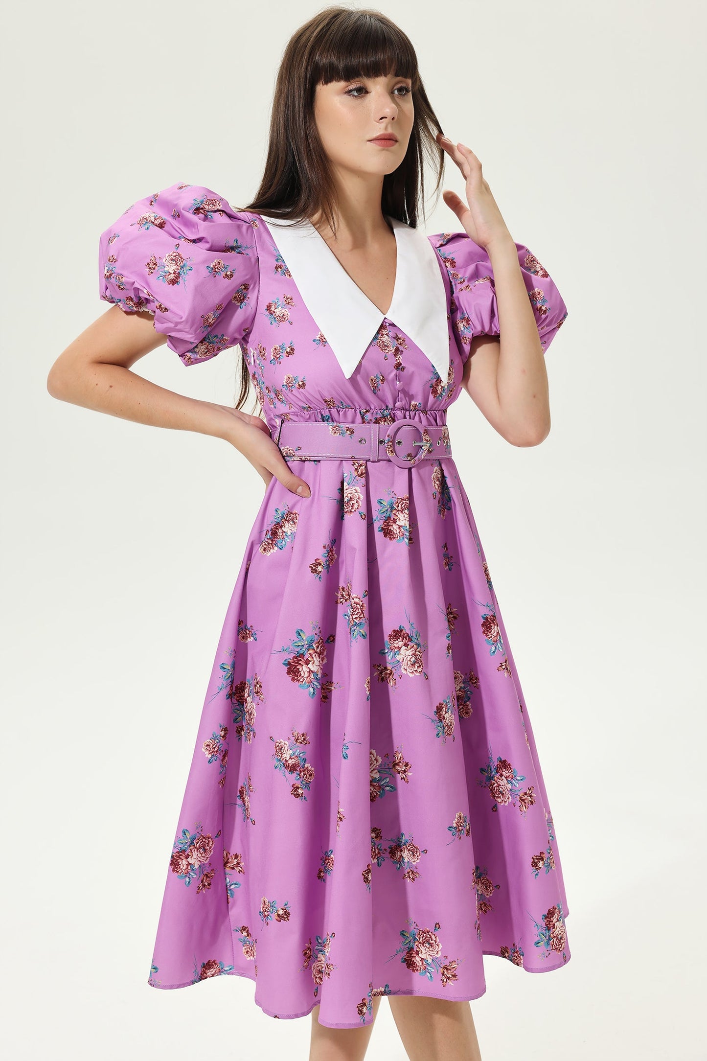 Floral Puff Sleeve Doll Collar Belted Midi Dress