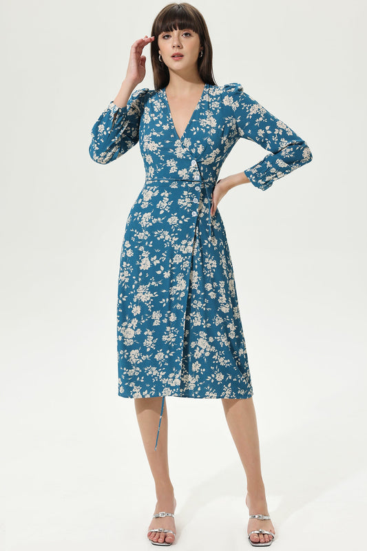 Floral Long Sleeve V-Neck Split Midi Dress