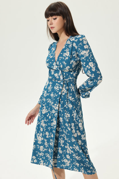 Floral Long Sleeve V-Neck Split Midi Dress