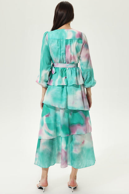Tie-dye Lantern Sleeve V-Neck Layered Hem Midi Dress