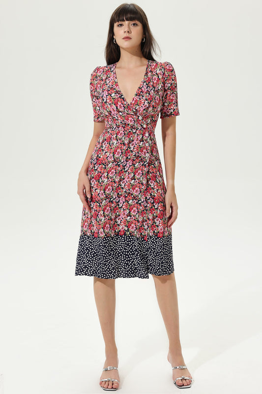 Floral Puff Sleeve V-Neck Wrapover Belted Midi Dress