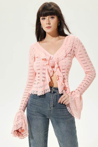 Knit Flared Sleeve V-Neck Frill Hem Cardigan