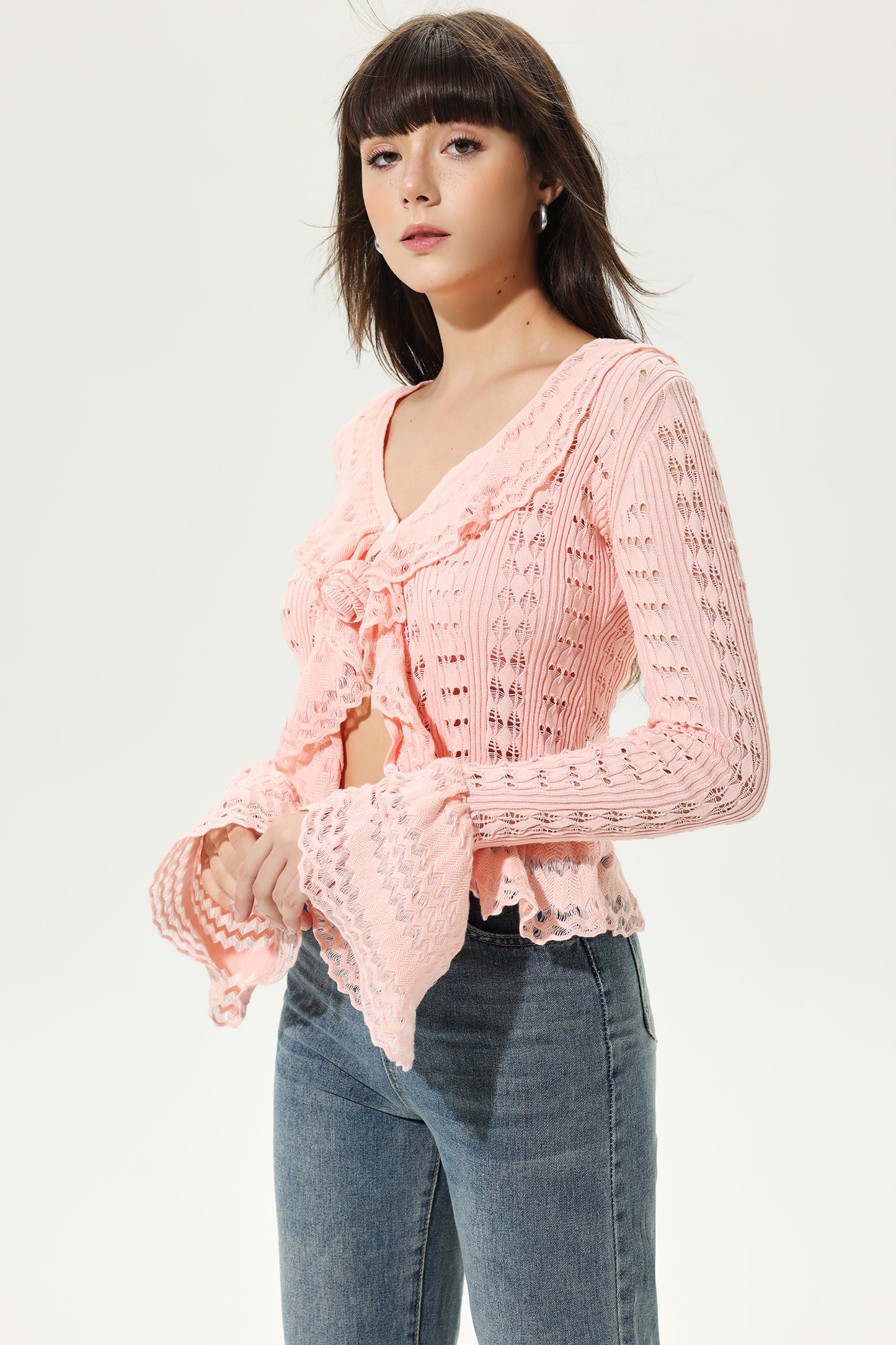Knit Flared Sleeve V-Neck Frill Hem Cardigan