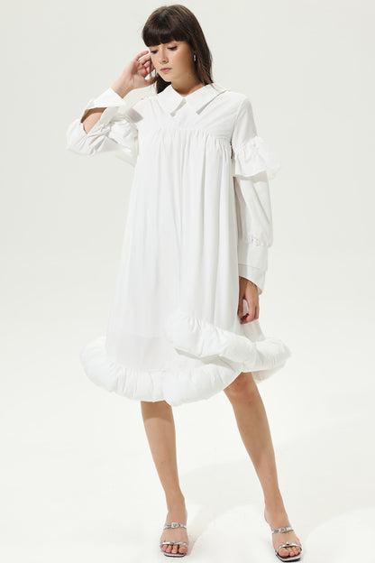 Lantern Sleeve Ruffled Lapel Irregular Midi Dress