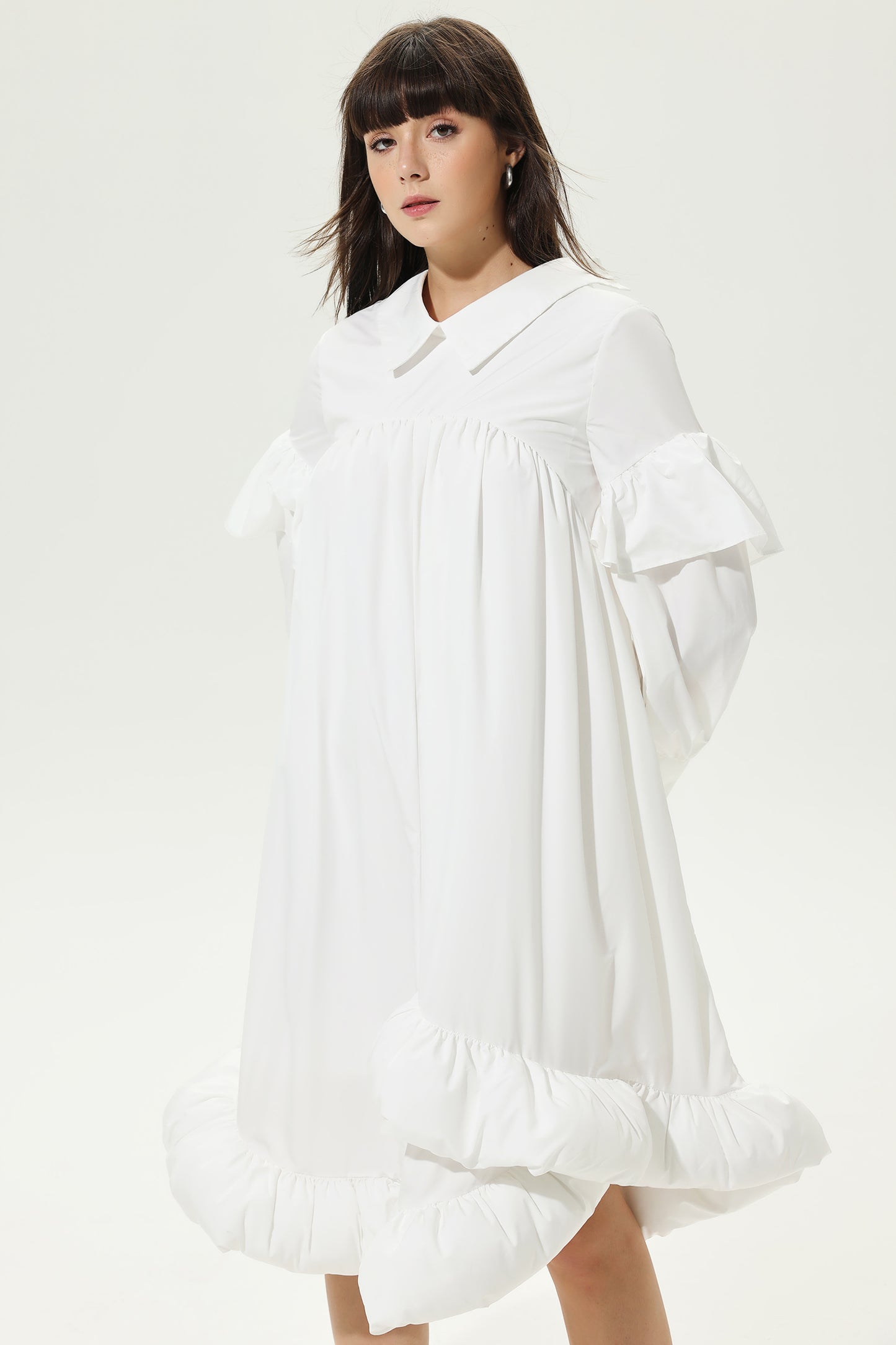 Lantern Sleeve Ruffled Lapel Irregular Midi Dress