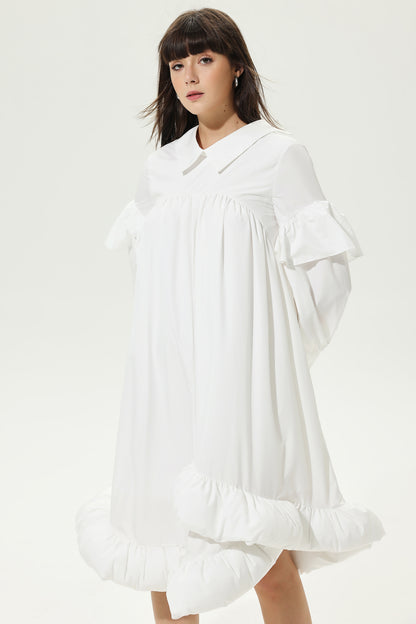 Lantern Sleeve Ruffled Lapel Irregular Midi Dress