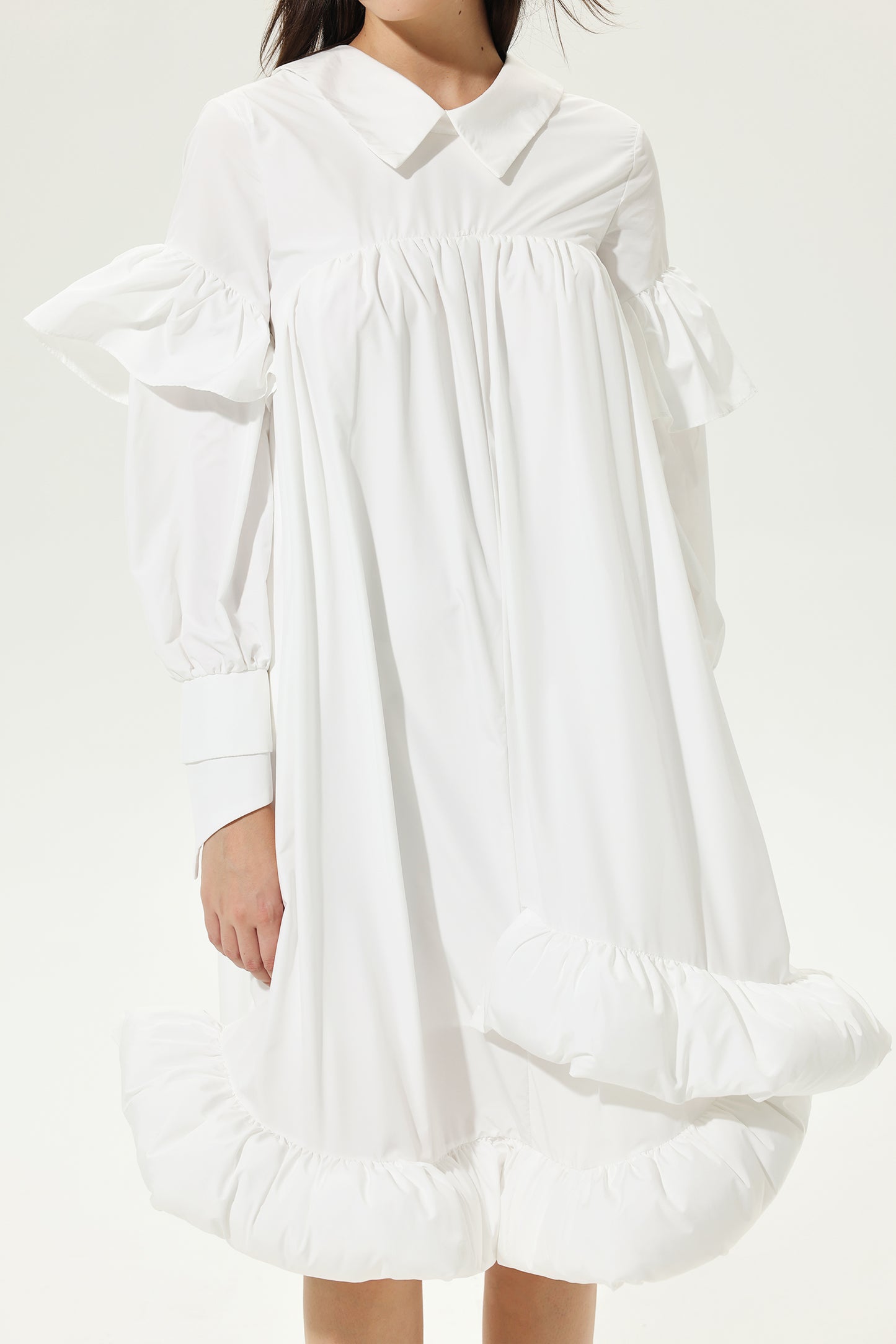 Lantern Sleeve Ruffled Lapel Irregular Midi Dress