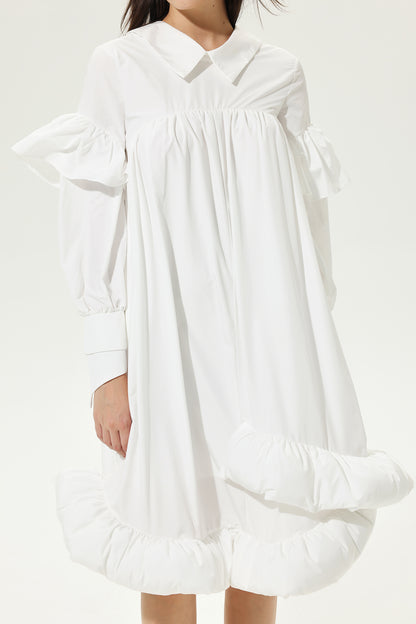 Lantern Sleeve Ruffled Lapel Irregular Midi Dress