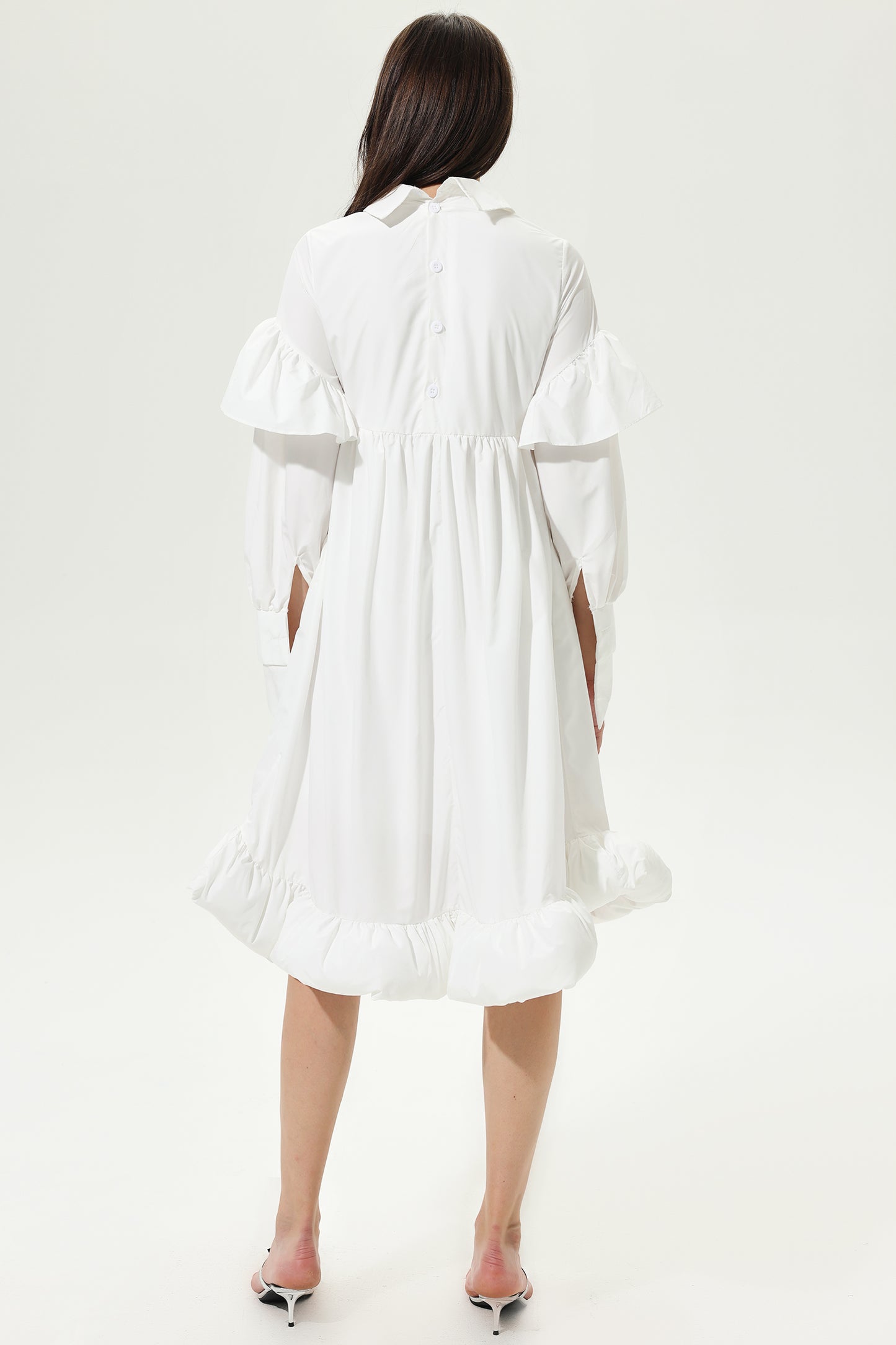 Lantern Sleeve Ruffled Lapel Irregular Midi Dress