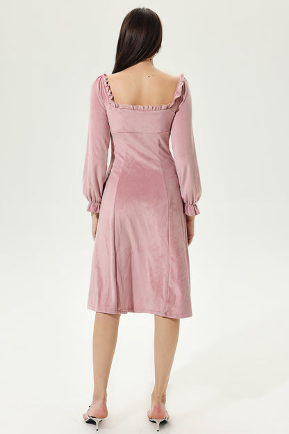 Velvet Sweetheart Neck Buckle Pleated Midi Dress