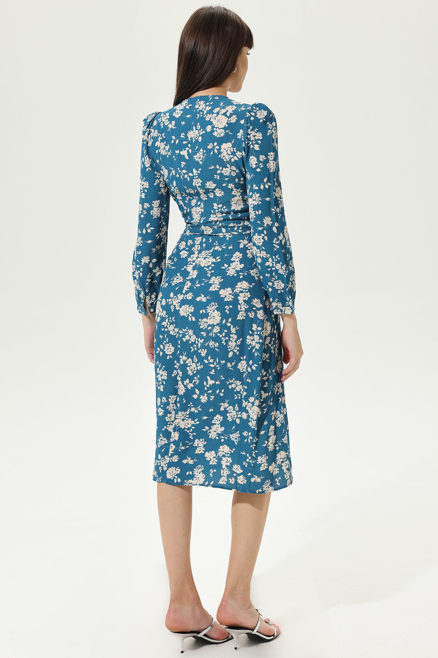 Floral Long Sleeve V-Neck Split Midi Dress