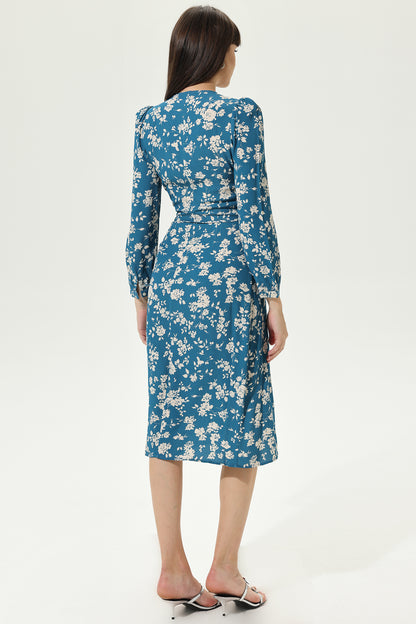 Floral Long Sleeve V-Neck Split Midi Dress