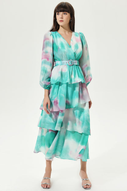 Tie-dye Lantern Sleeve V-Neck Layered Hem Midi Dress