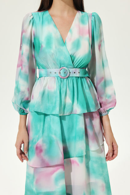Tie-dye Lantern Sleeve V-Neck Layered Hem Midi Dress