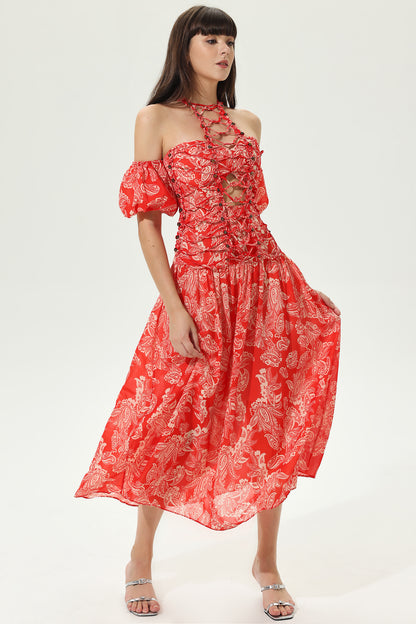 Floral Cut-Out Halter Neck Tapered Waist Maxi Dress