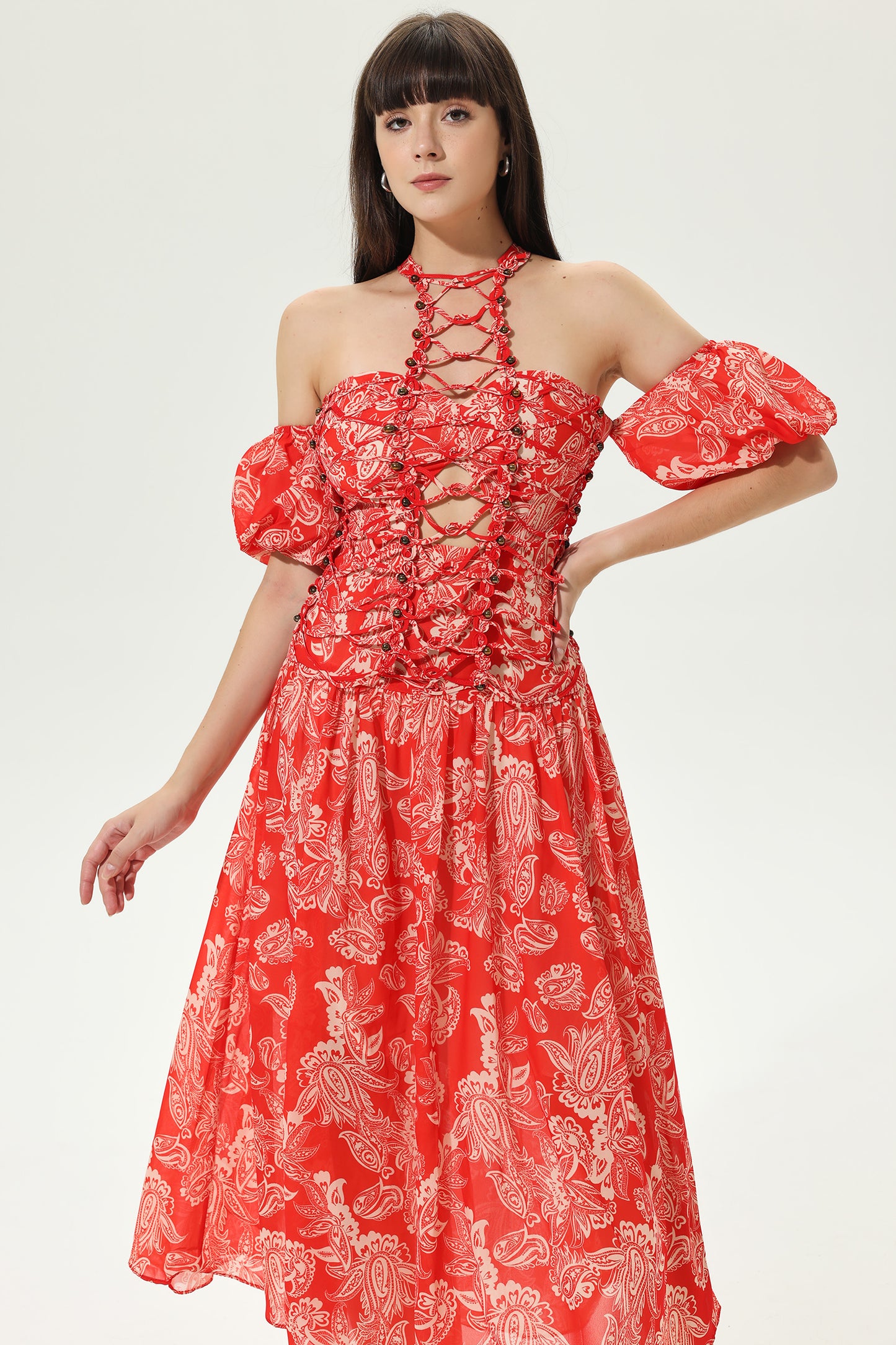 Floral Cut-Out Halter Neck Tapered Waist Maxi Dress